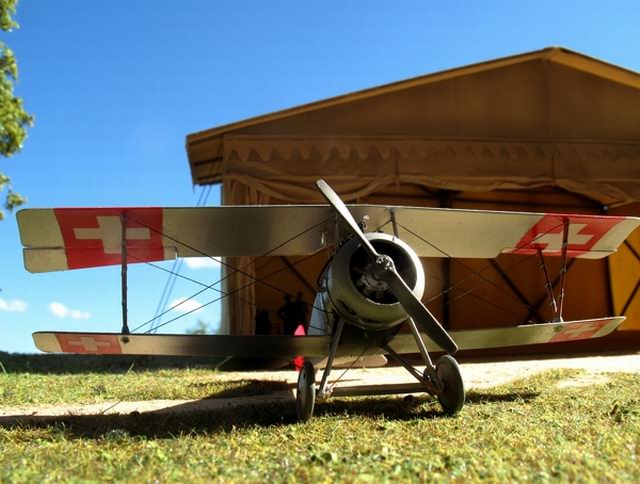 Die Nieuport 23 von vorne mit den zwei aufgeborten �ffnungen in der Motorhaube.