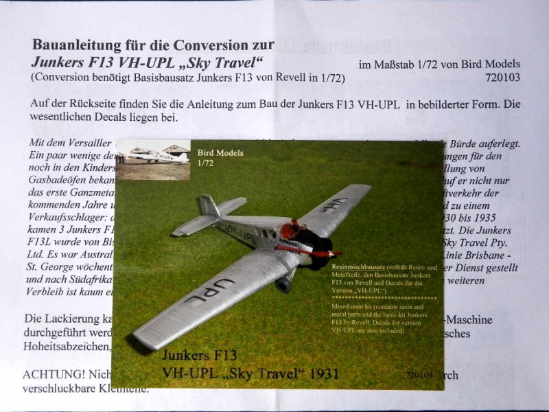 Bird Models - Junkers F 13 "Sky Travel" VH-UPL
