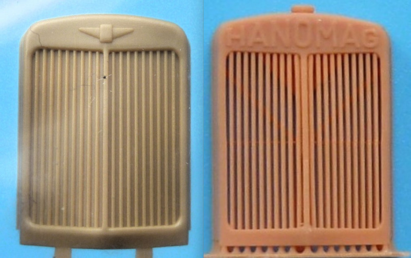 Das Bausatzteil des Kühlergrills (links) und das gedruckte Tuningteil von CMK (rechts) im Vergleich