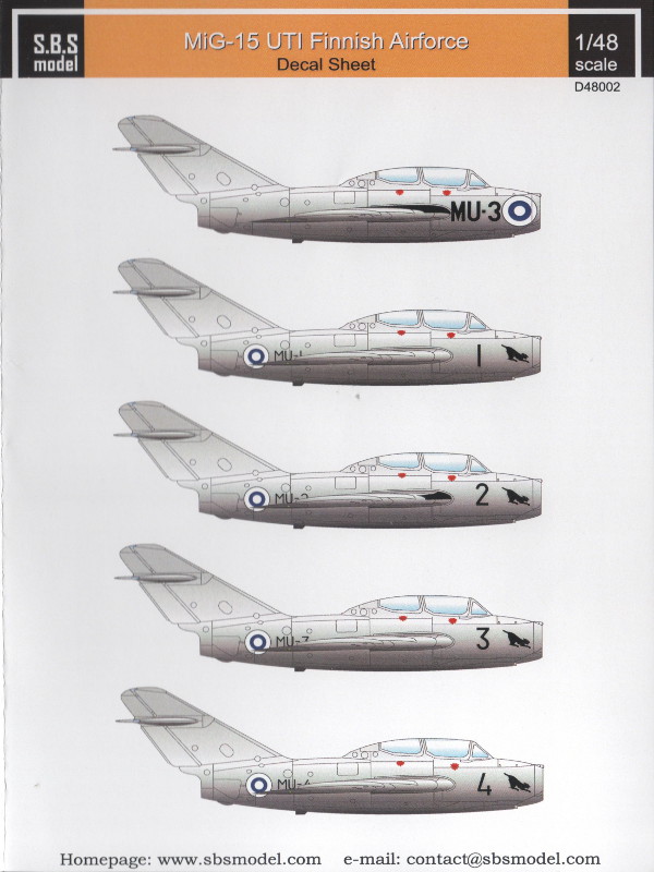 S.B.S Model - MiG-15 UTI Finnish Airforce Decal Sheet