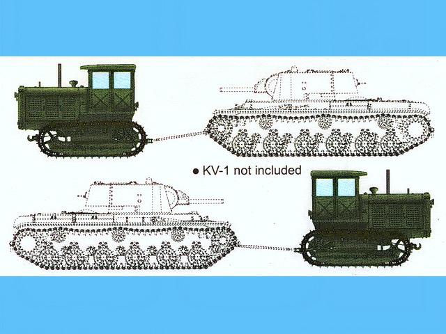 Grafik von der Verpackung - Fahrunfähiger KV-1 im Schlepp eines STALINEZ ChTZ S-65 Tractor 