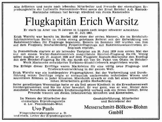 Nachruf für Erich Warsitz im Jahre 1983