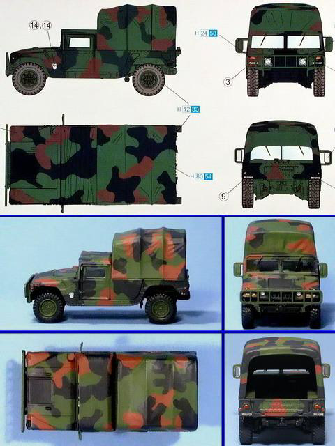 Vier Ansichten des HMMWV - gezeichnet und als Modell