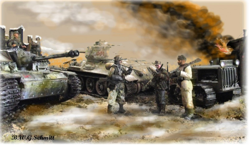 Hinüber zur Hütte! Aufwärmpause! (von links: StuG III mit Schlammketten, T-34/85 und Stalinez 65-Raupenschlepper)