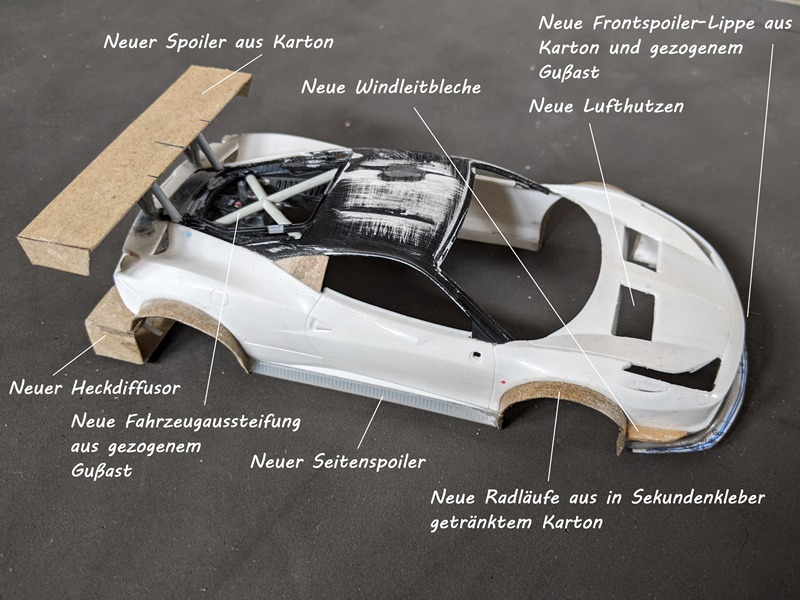 Zahlreiche Scratch-Umbauten an Karosserie und Fahrwerk machen aus dem Serien-Ferrari ein Rennfahrzeug