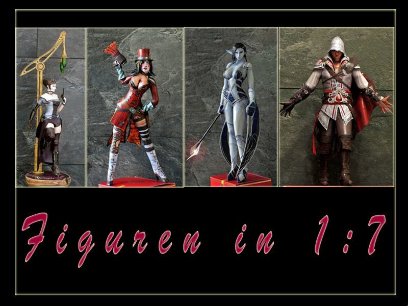 Von links nach rechts: Lady Mechanika, Mad Moxxi aus Borderlands, Dunkelelfen-Magierin und Ezio Auditore da Firenze aus Assassins Creed..
