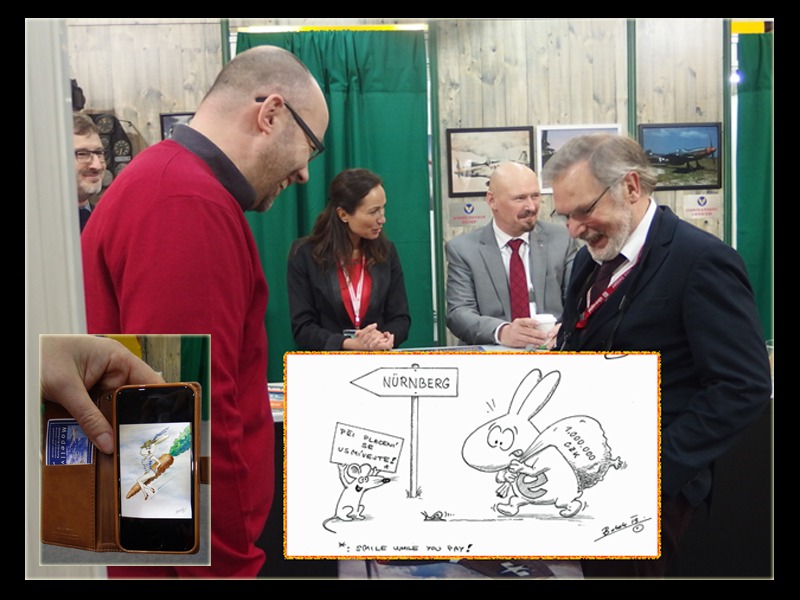 Bobek zeigt Bunny (links sein Pin up Bunny) Text Cartoon rechts: Lächle, wenn Du bezahlst !