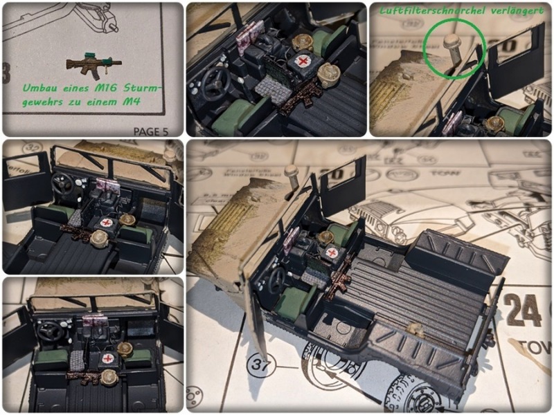 Blick auf den scratch aufgewerteten Innenraum des HMMWV M997. Gut zu erkennen, der Laptop, das Funkgerät, die Landkarte, die US-Helme, das Gewehr uvm.