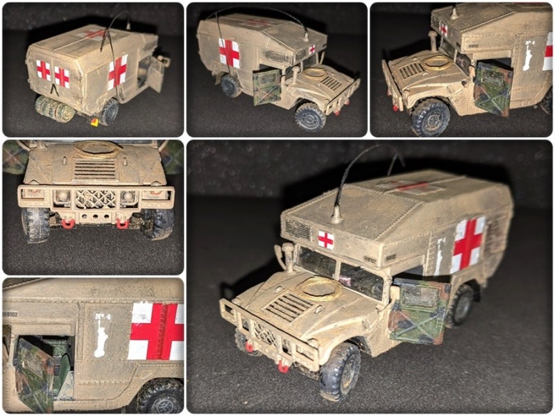 Blick auf den fertig gebauten HMMWV M997 Maxi Ambulance in 1:72 mit geöffneten Türen