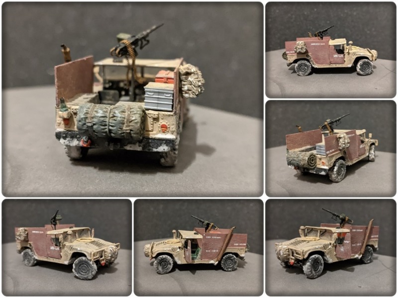 Blick auf den fertig umgebauten 1:72 HMMWV M998 Gun Truck. Zahlreiche Teile aus der Restekiste werten das Modell zusätzlich auf