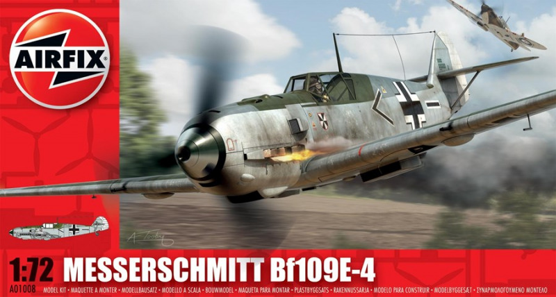 Blick auf das ansprechende Bausatzcover des 1:72 Airfix Kits, das den Dogfight zwischen der Me 109 und einer britischen Maschine zeigt