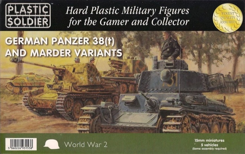 Blick auf das Bausatzcover des 1:72 PlasticSoldier Kits, das drei verschiedene Panzer 38(t)-Versionen enthält