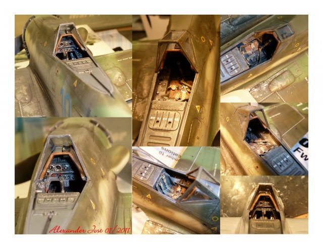 Bei den Instrumenten des Cockpits handelt es sich um zurechtgeschnittene Decals des Original-Hasegawa-Bausatzes. Die Sitzgurte (Ätzteile) stammen vom Trumpeter-Bausatz der Me 262.