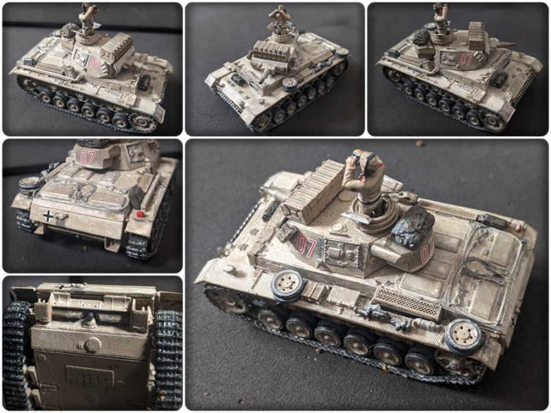 Blick auf das fertig gebaute, gealterte und eingestaubte Modell des 1:72 Panzerkampfwagen III