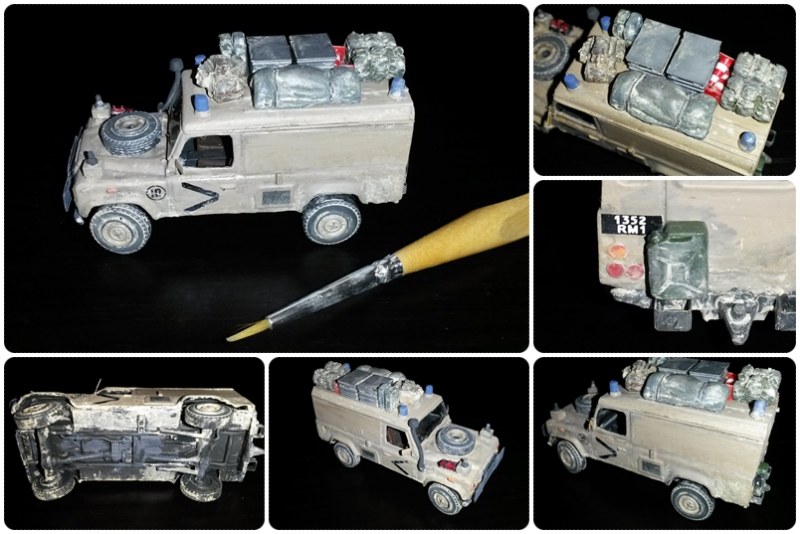 Blick auf den hervorragend detaillierten und fertig bemalten Land Rover Defender 110 Wolf der britischen Streitkräfte.