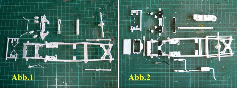 Rahmen und die Achsteile sind versäubert (Abb.1) Die später schwer erreichbaren Bereiche wurden schon vor der Montage bemalt (Abb.2)