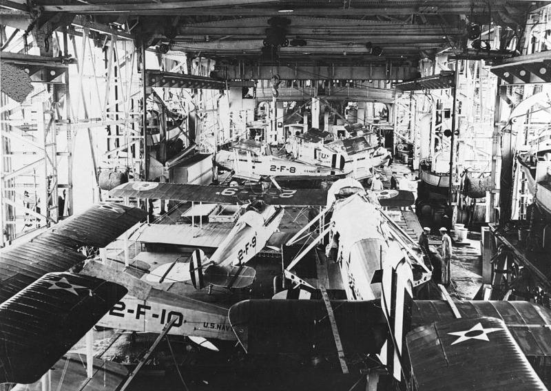 Flugzeuge unter Deck auf der USS Langley (aus Wikipedia Commons)