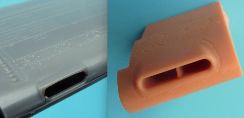 Das Segment am Vorderflügel des Basisbausatzes (links) und das entsprechende Austauschteil des Detailsets (rechts), hier am Beispiel der rechten Tragfläche