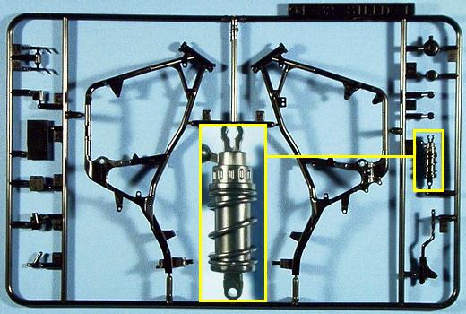 Rahmen und... etwas vergrößert... der Stoßdämpfer der Hinterradschwinge