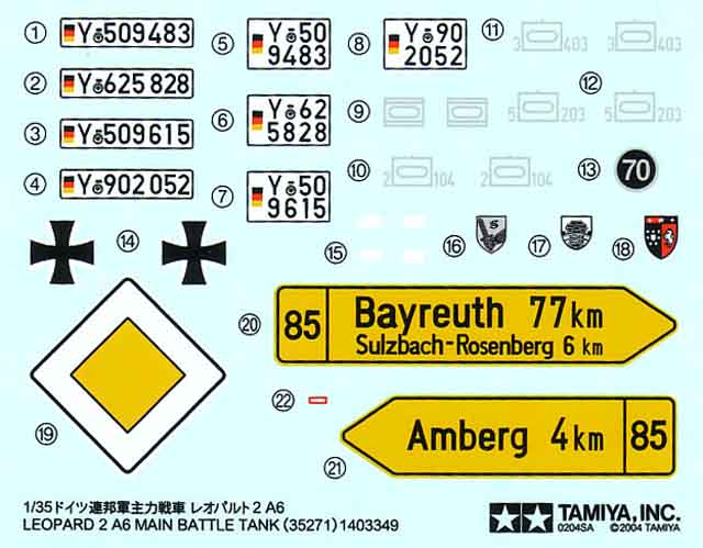 Sauber gedruckter Decalbogen mit Straßenschild und Wegweisern