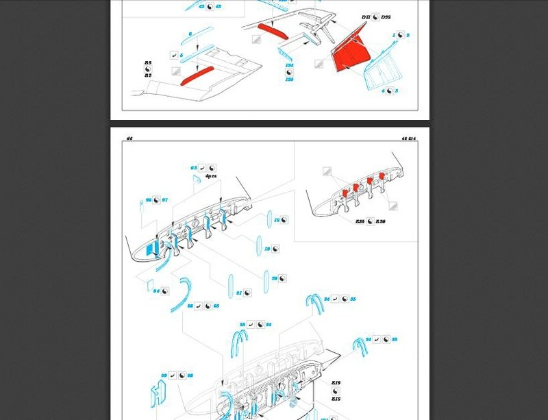 Auszug aus der Bauanleitung. Beachte die zur Darstellung der hochgeklappten Tragflächen und Bremsklappen benötigten Kleinteile des Sets. (Grafik: Eduard)