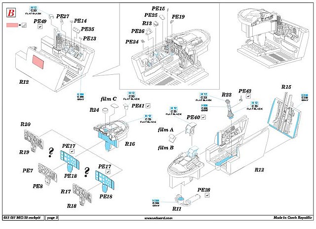 Beachte die zahlreichen Kleinteile für das Cockpit und die drei Möglichkeiten für die Darstellung des Instrumentenboards: Resinteil; Ätz- auf Ätzteil; Resin- auf Ätzteil.