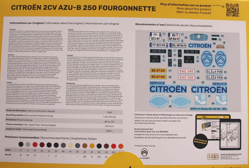 Die Kartonrückseite mit Farbhinweisen, Geschichte des Originals und eine Abbildung des Decalbogens