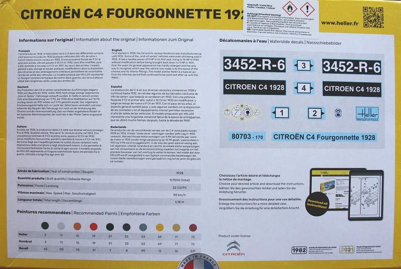 Die Kartonrückseite mit Farbtabelle, Geschichte des Vorbildes und Bild des Decalbogens