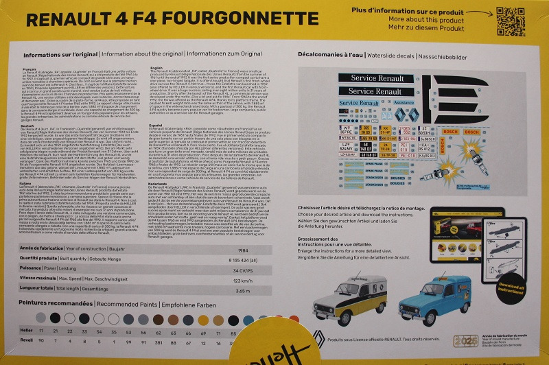 Kartonrückseite mit Informationen zum Vorbild, Farbtabelle und Bilder des Decalbogens. Ebenfalls sind die zwei baubaren Varinanten als gebautes Modell abgebildet.
