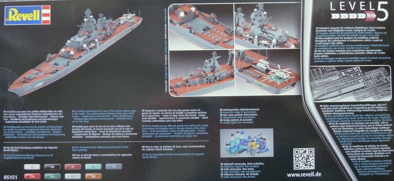 Die Rückseite der Revellschachtel zeigt farbige Fotos vom gebauten Modell und den Bauteilen.