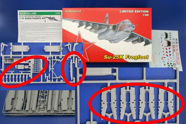 Die markierten Stellen der Spritzlinge zeigen die zu ersetzenden/ergänzenden Teile des Kopro-Basisbausatzes (hier als Box-Inhalt von Eduard).